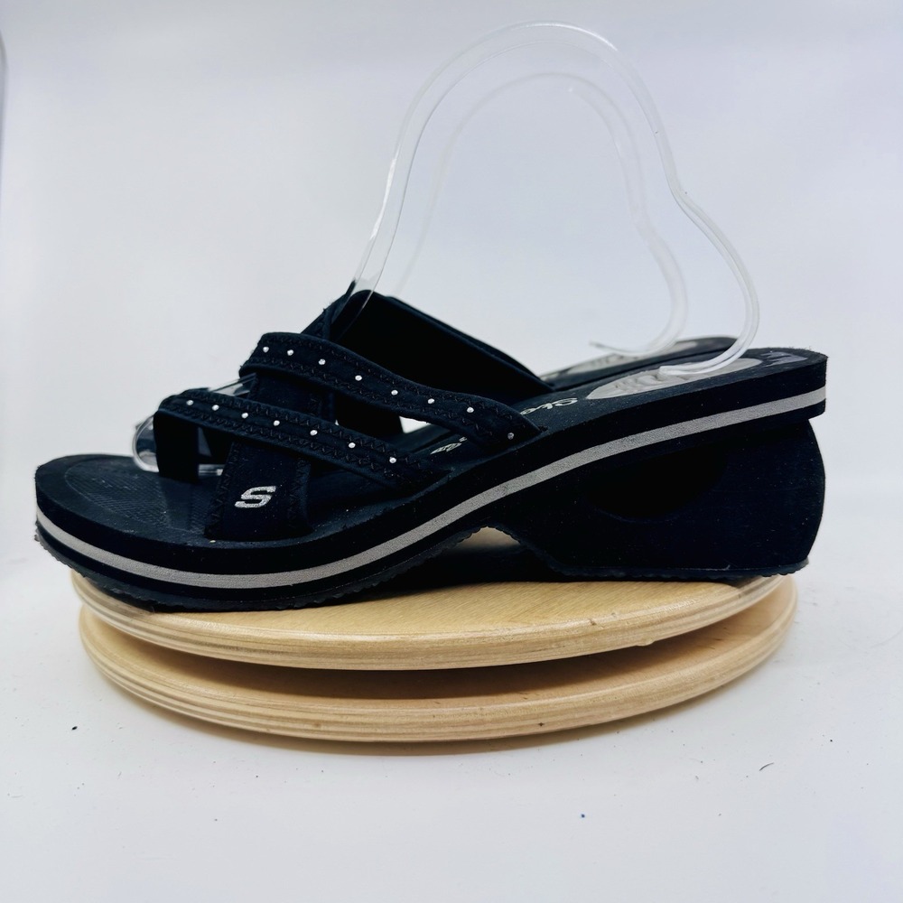 Skechers Cali Cyclers Wedge Sandals Womens 9 Black Rhinestone Strappy Shoes Y2K